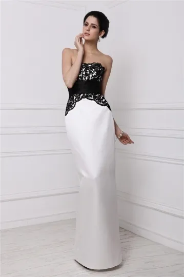 Robe longue invitée mariage colonne noire et blanche bustier en dentelle