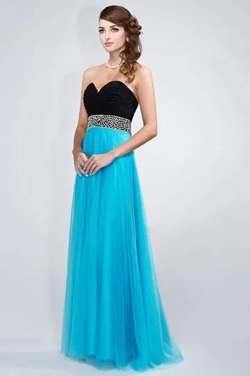 Robe longue soirée bicolore noire et bleu à bustier coeur taille ornée de strass