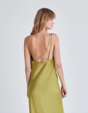 Robe longue verte satinée fines bretelles Femme