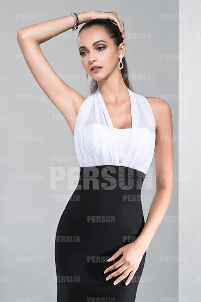 Robe sirène invitée mariage à col halter en bloc blanche et noire