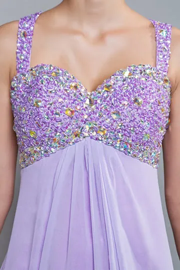 Robe violette demoiselle d'honneur bustier cœur en sequin aux bretelles