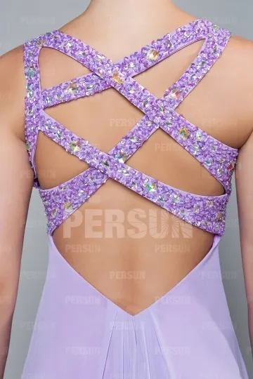 Robe violette demoiselle d'honneur bustier cœur en sequin aux bretelles