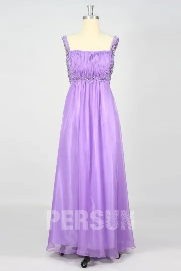 Robe violette à col carré plissée & strassée pour soirée mariage longue en tencel