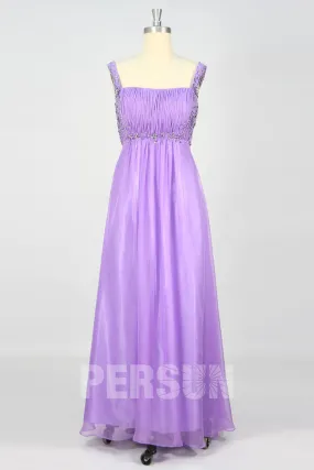 Robe violette à col carré plissée & strassée pour soirée mariage longue en tencel