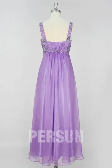 Robe violette à col carré plissée & strassée pour soirée mariage longue en tencel