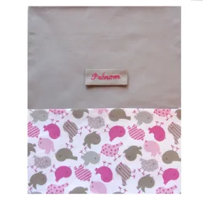 Sac ecole maternelle crèche fille coton taupe et oiseaux fuchsia rentrée scolaire sac à chaussons doudou prénom brodé