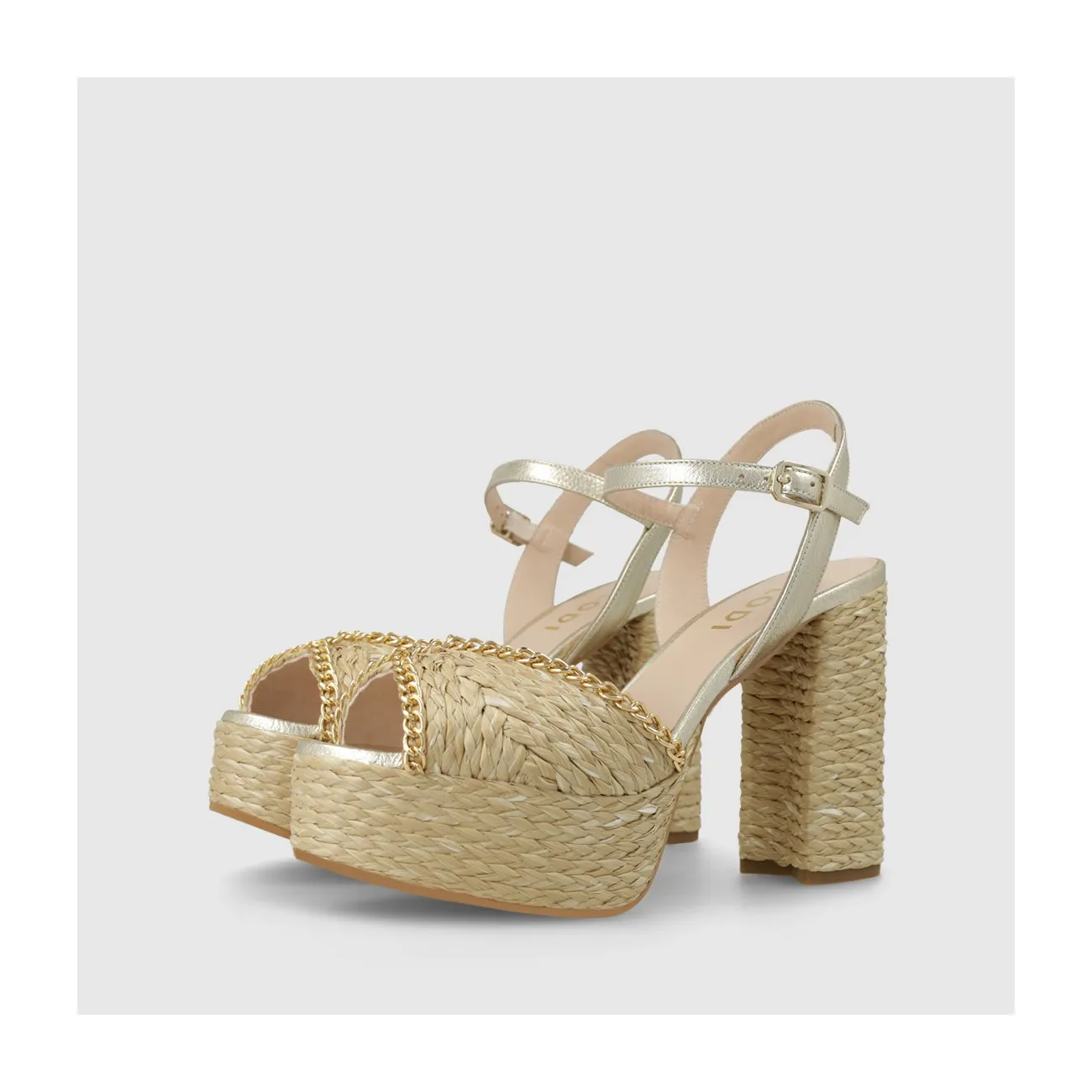 Sandale plateforme pour femme en cuir métallisé doré et jute effet naturel. I LODI Chaussures pour femme online.