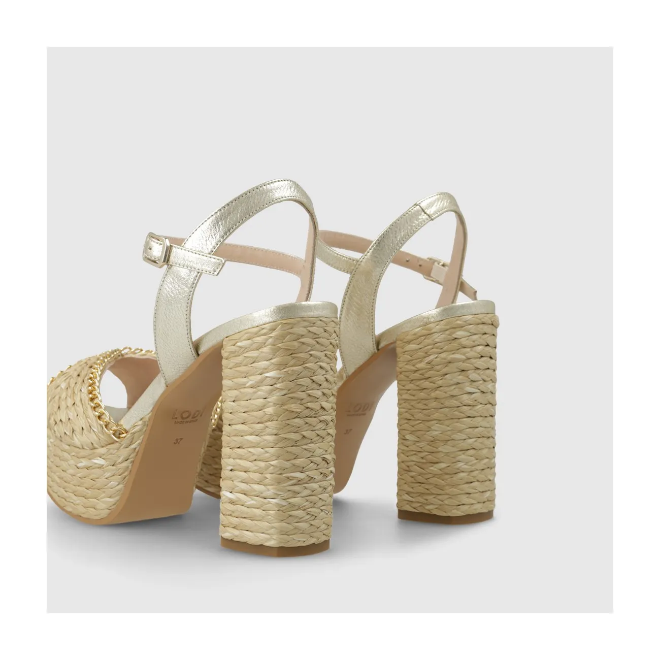 Sandale plateforme pour femme en cuir métallisé doré et jute effet naturel. I LODI Chaussures pour femme online.