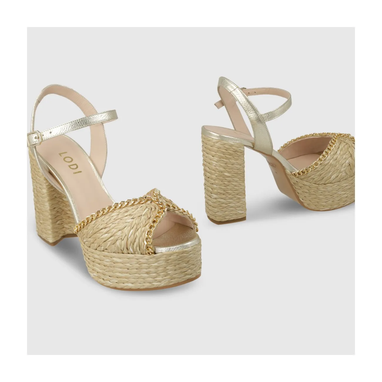 Sandale plateforme pour femme en cuir métallisé doré et jute effet naturel. I LODI Chaussures pour femme online.