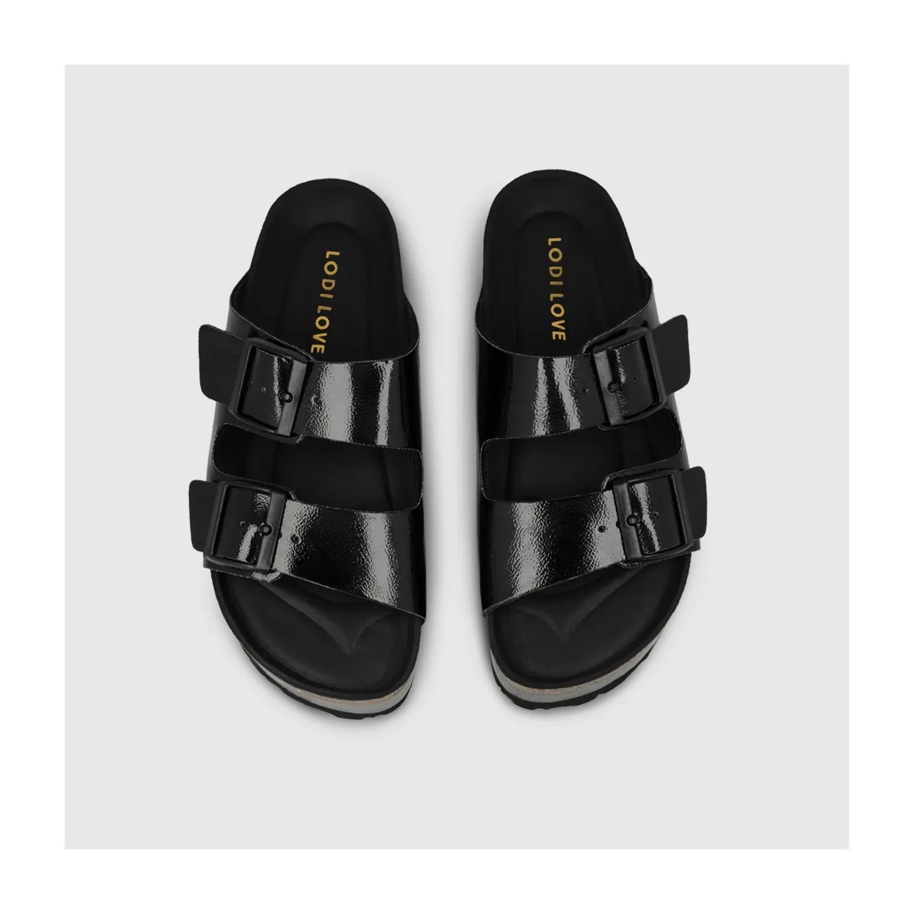 Sandale plateforme pour femme en tissu effet cuir verni noir. I LODI Chaussures pour femme online.