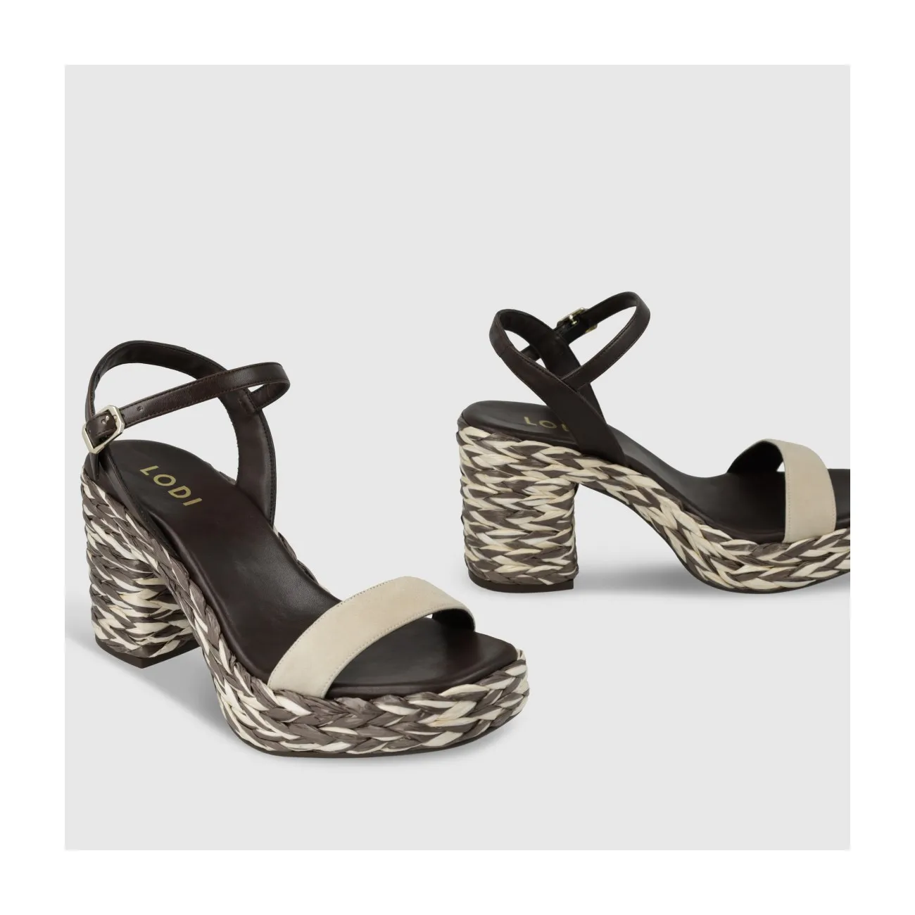 Sandale pour femme combinée en daim blanc cassé et cuir noir avec plateforme effet raphia.I LODI Chaussures pour femme online.