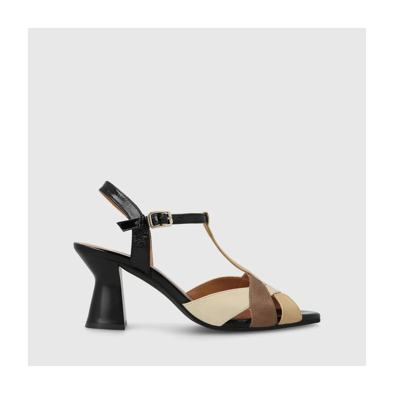 Sandale pour femme en cuir combiné noir et des tons terre. I LODI Chaussures pour femme online.