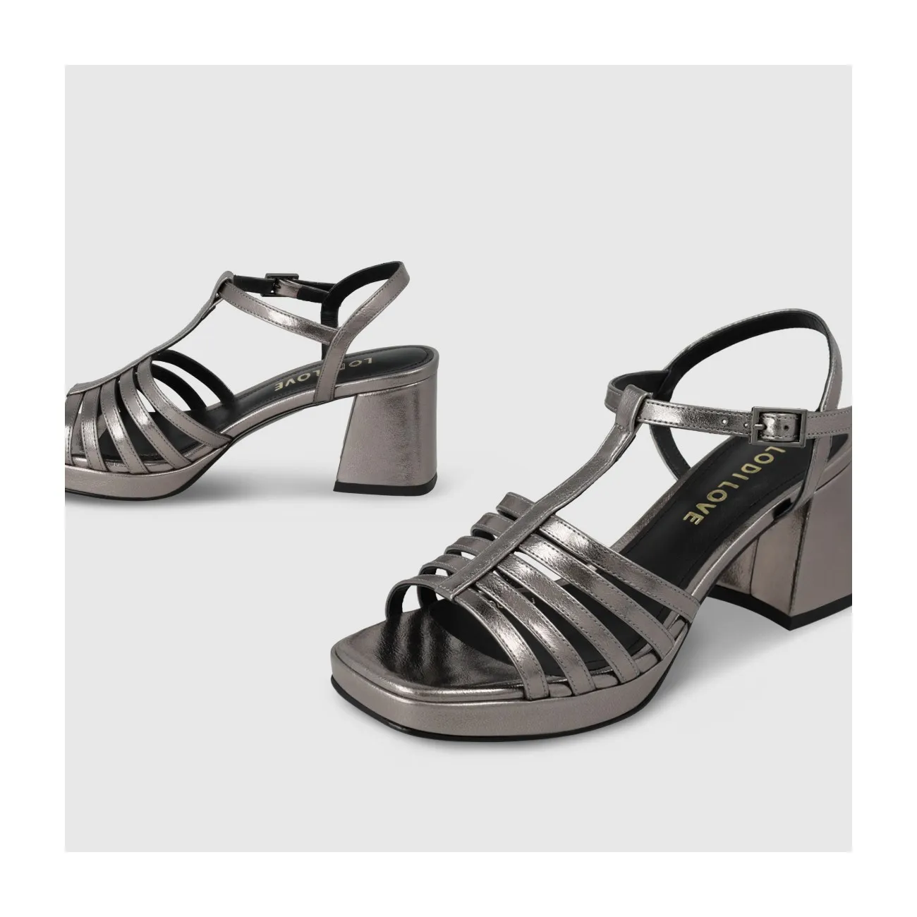 Sandale pour femme en cuir métallisé acier.I LODI Chaussures pour femme online.