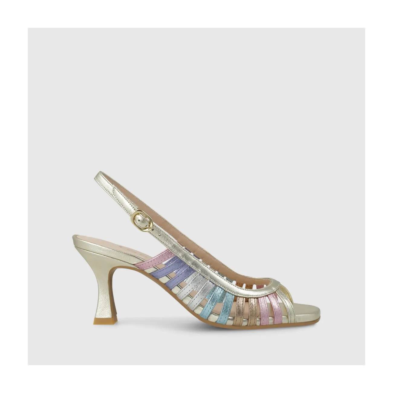 Sandale pour femme en cuir métallisé doré combiné à des brides multicolores.I LODI Chaussures pour femme online.