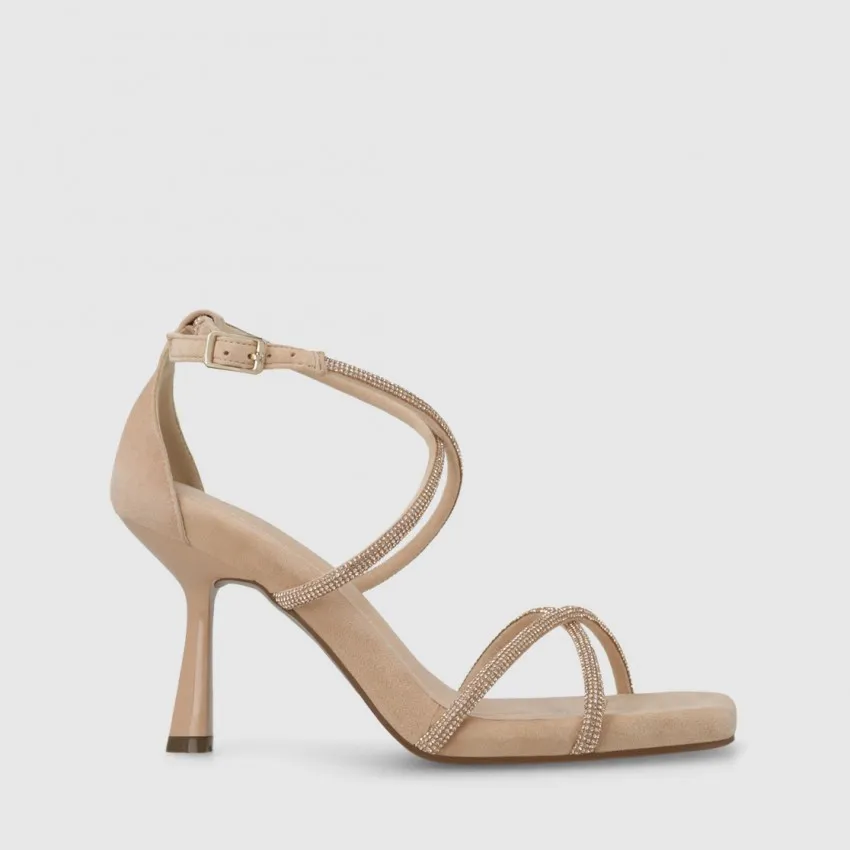 Sandale pour femme en daim beige avec strass ton sur ton.I LODI Chaussures pour femme online.