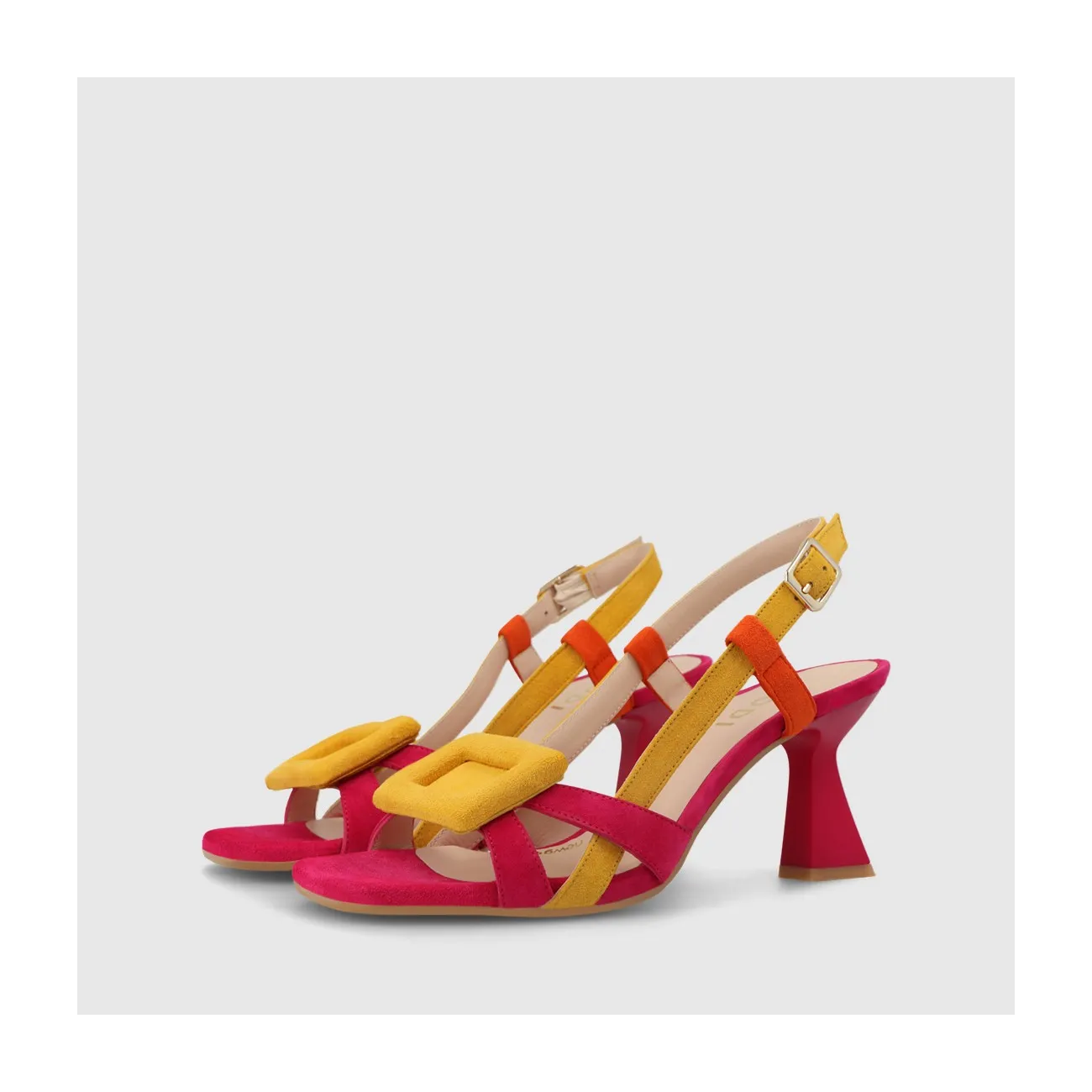 Sandale pour femme en daim combiné rose, orange et jaune.I LODI Chaussures pour femme online.