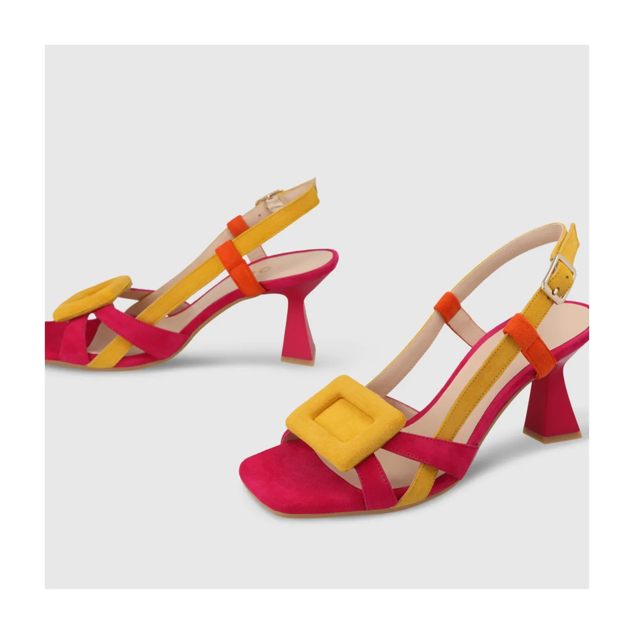 Sandale pour femme en daim combiné rose, orange et jaune.I LODI Chaussures pour femme online.