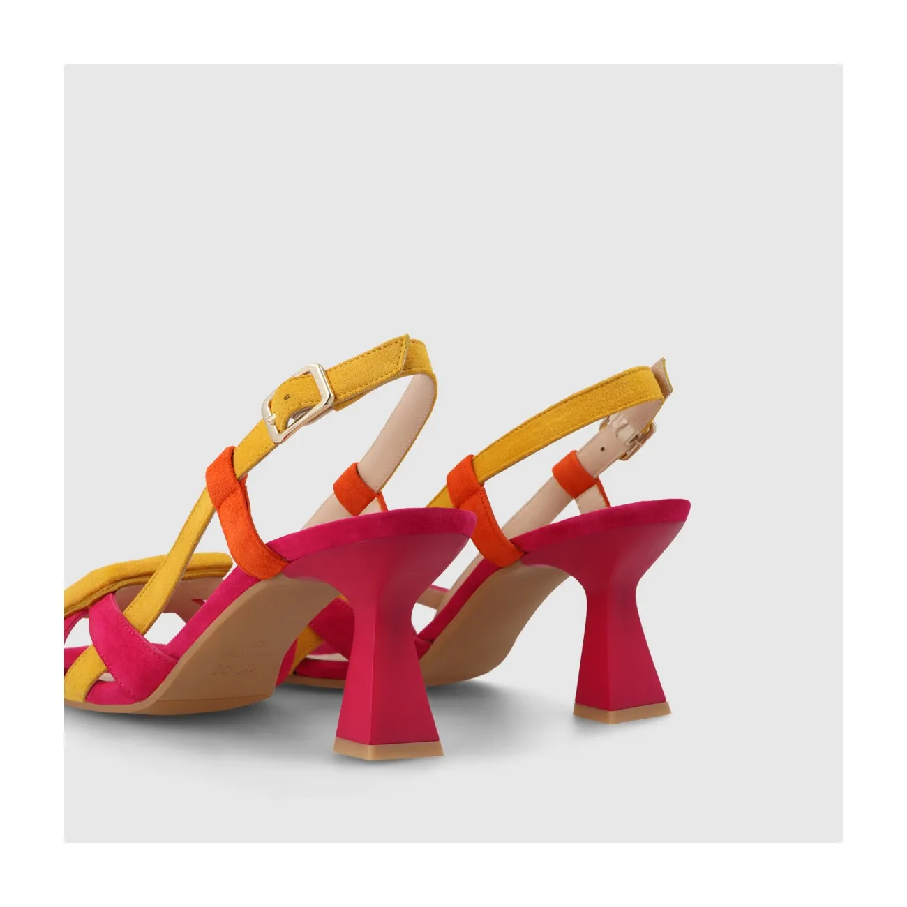 Sandale pour femme en daim combiné rose, orange et jaune.I LODI Chaussures pour femme online.