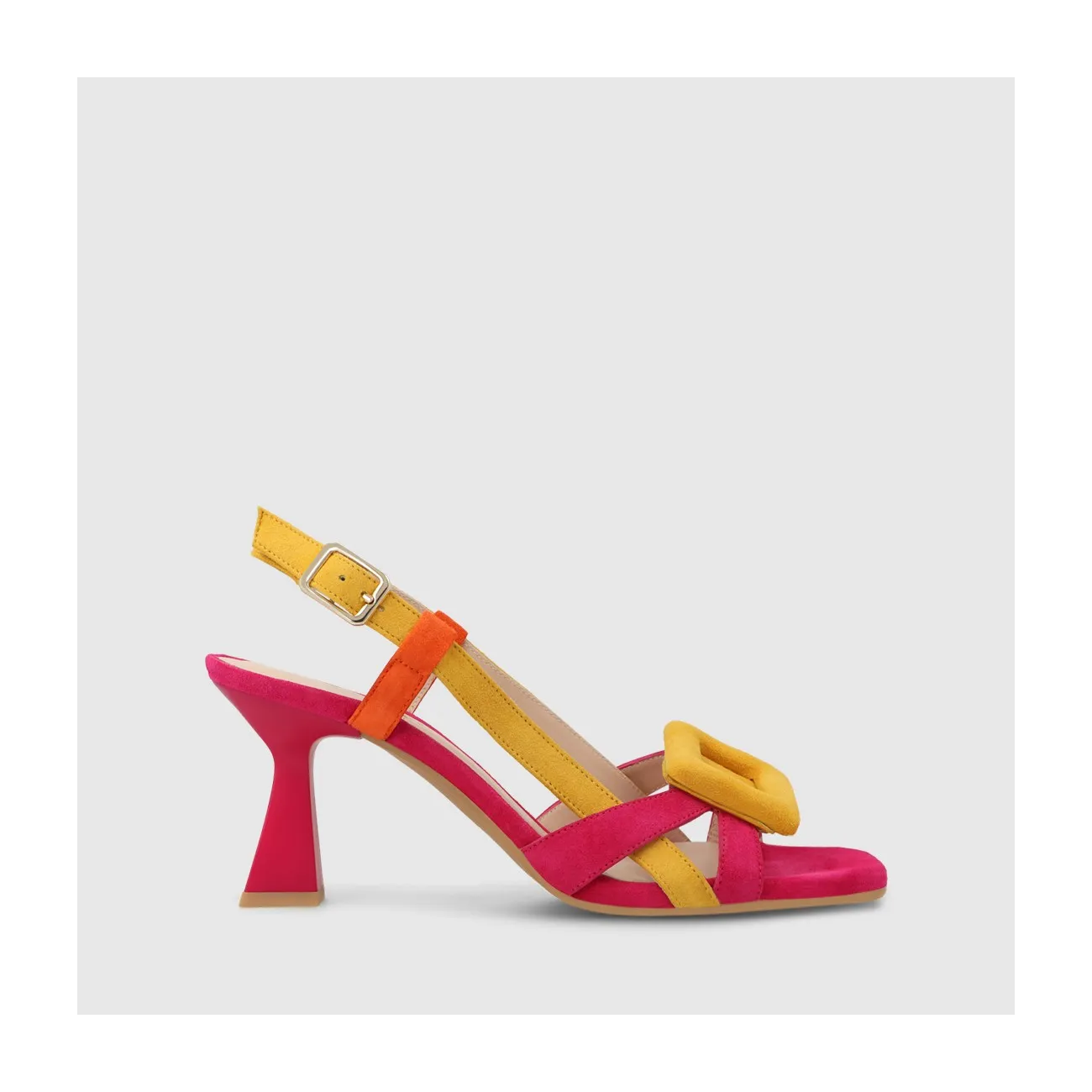 Sandale pour femme en daim combiné rose, orange et jaune.I LODI Chaussures pour femme online.