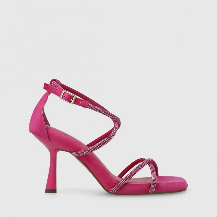 Sandale pour femme en daim fuchsia avec strass ton sur ton.I LODI Chaussures pour femme online.