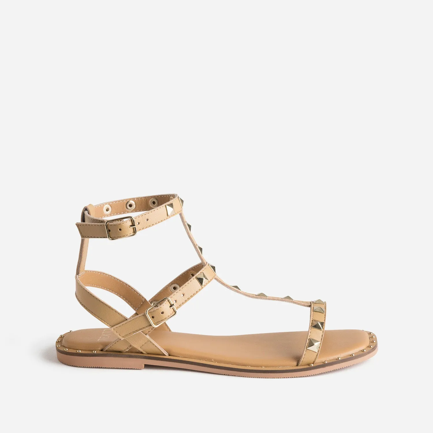 Sandale-spartiate TEXTO camel en cuir clouté - Sandales Femme | ERAM