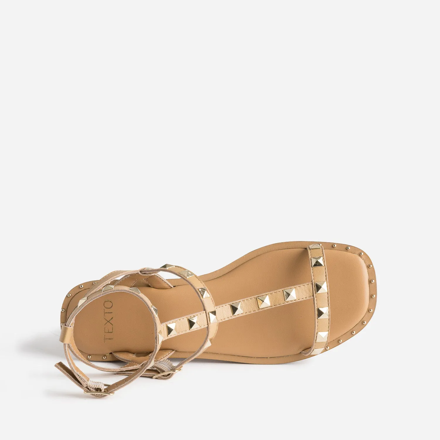 Sandale-spartiate TEXTO camel en cuir clouté - Sandales Femme | ERAM