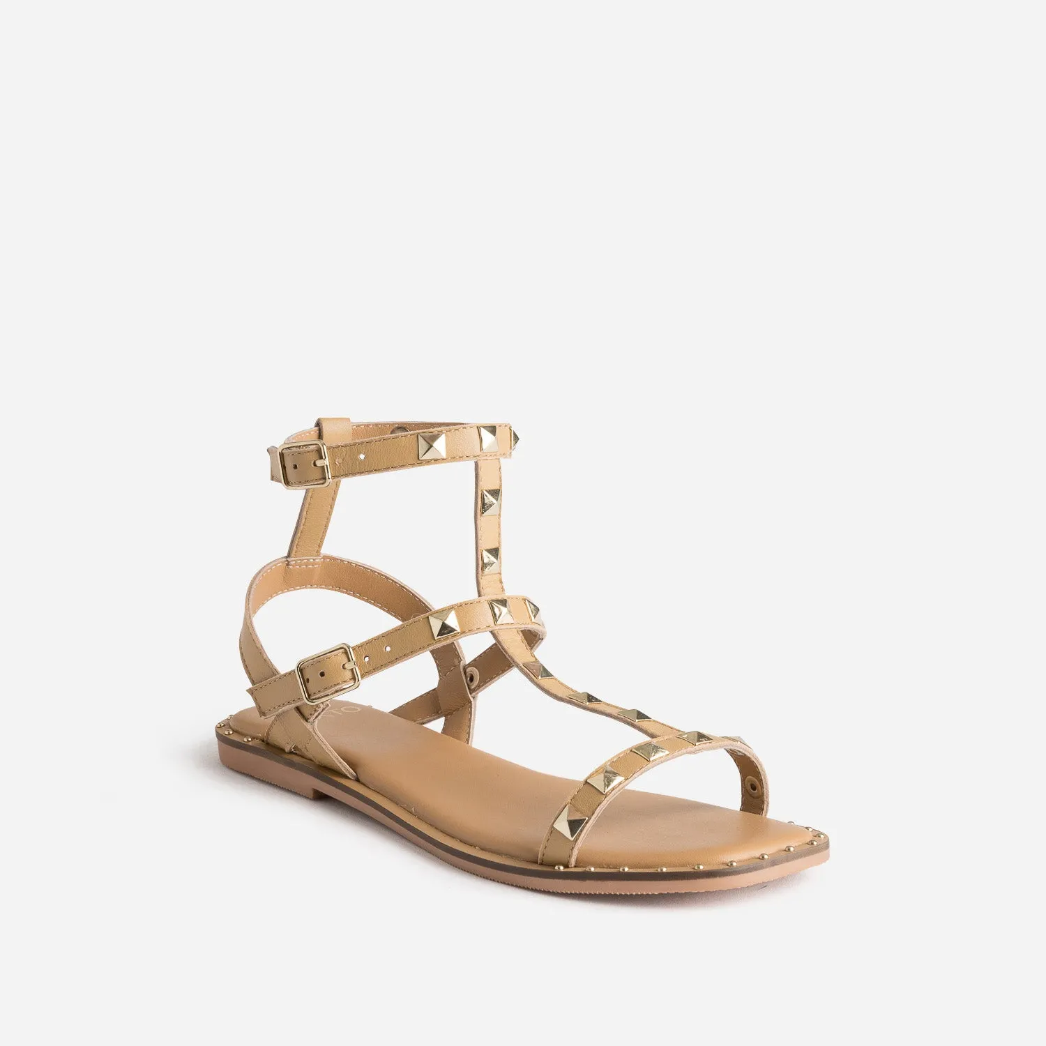 Sandale-spartiate TEXTO camel en cuir clouté - Sandales Femme | ERAM