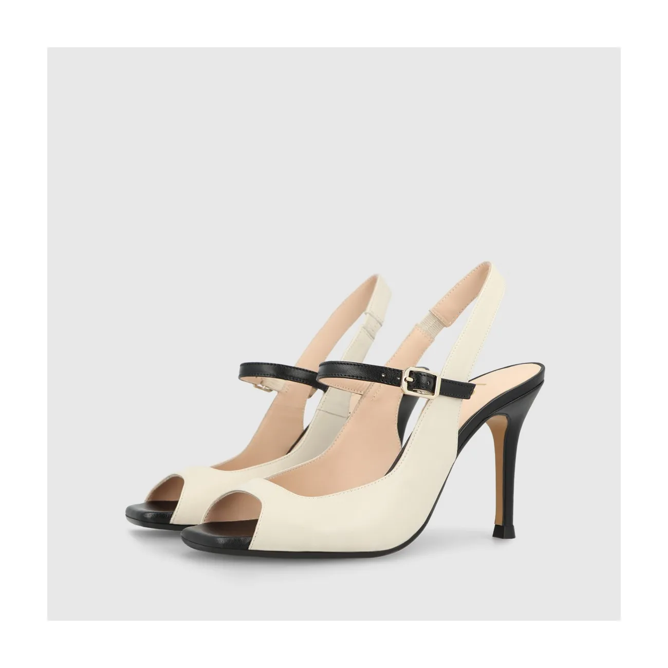 Sandale à talon pour femme en cuir combiné noir et blanc cassé. I LODI Chaussures pour femme online.