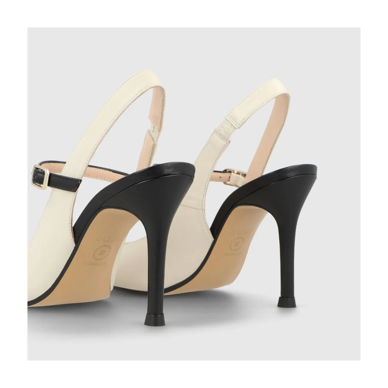 Sandale à talon pour femme en cuir combiné noir et blanc cassé. I LODI Chaussures pour femme online.