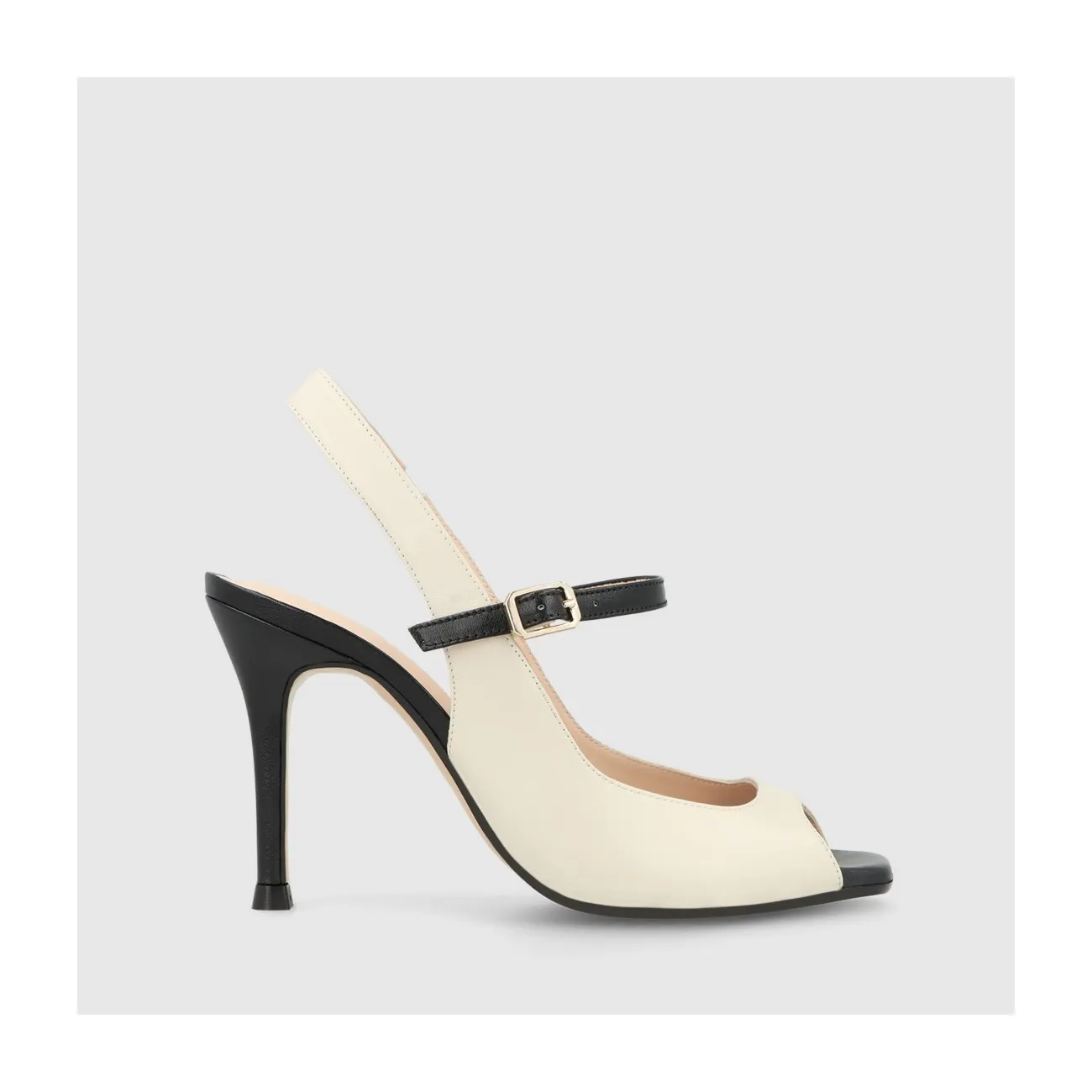 Sandale à talon pour femme en cuir combiné noir et blanc cassé. I LODI Chaussures pour femme online.