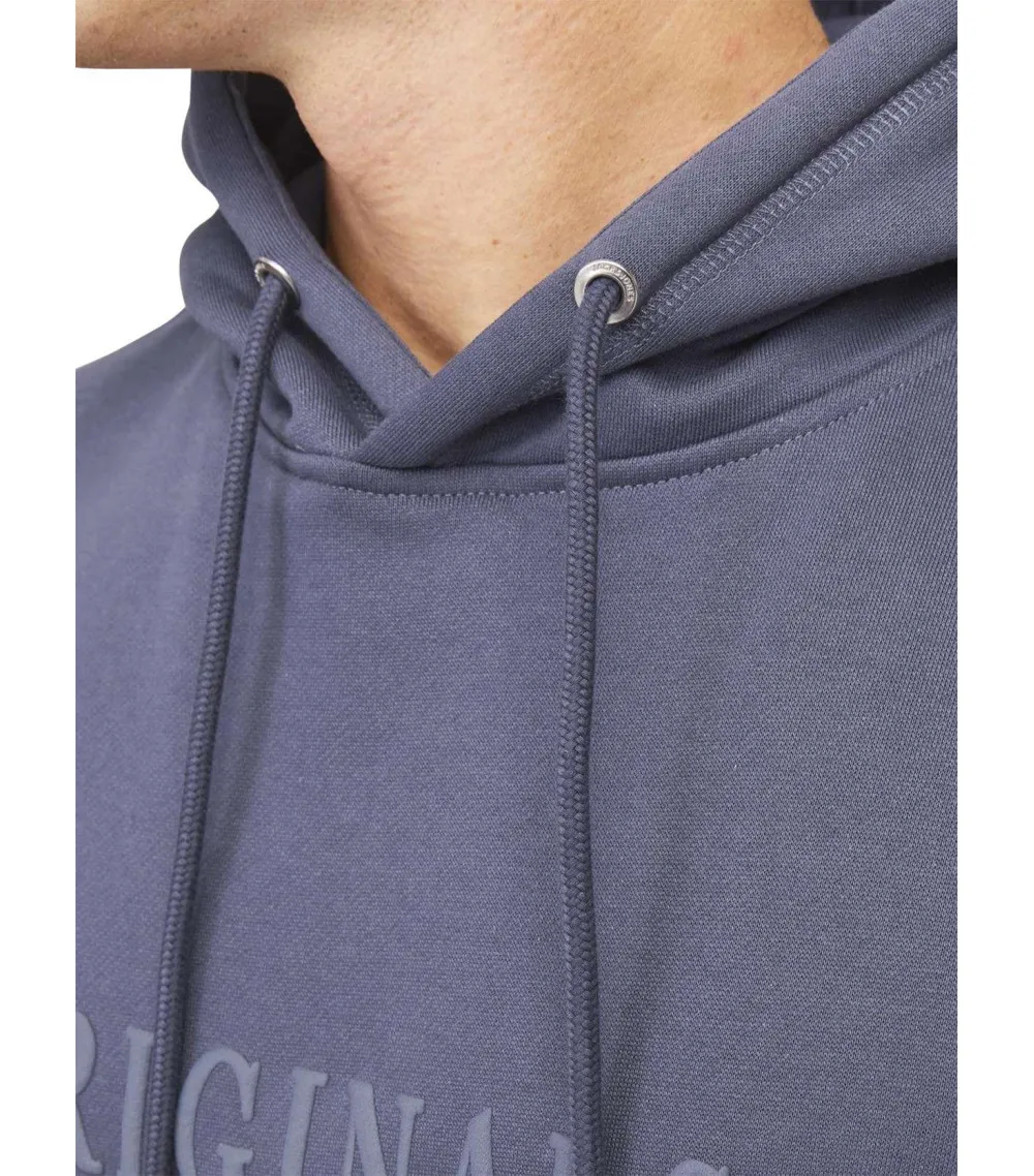 Sweat à capuche Jack & Jones en coton mélangé bleu indigo imprimé écriture en relief poitrine et cordon de serrage