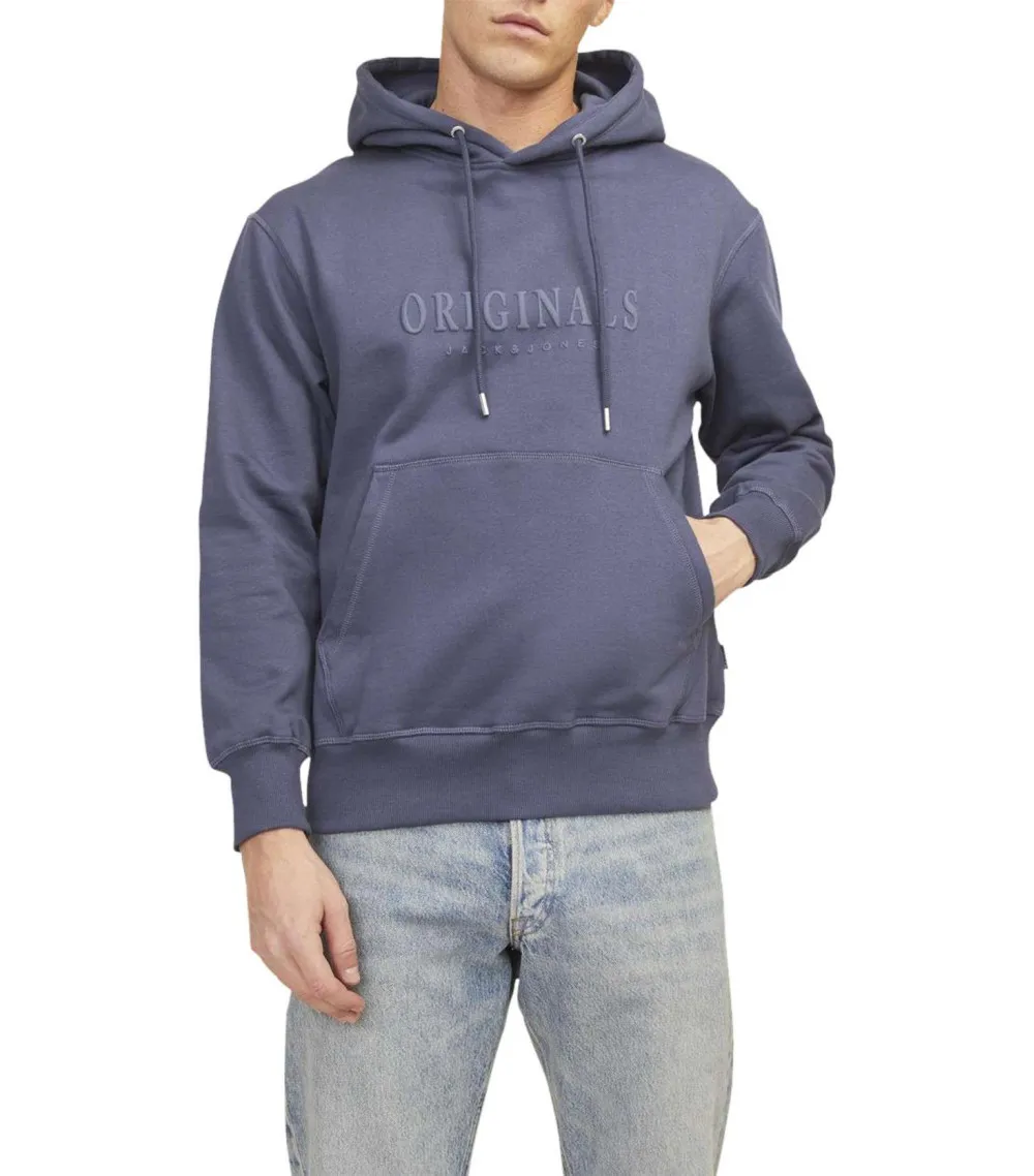 Sweat à capuche Jack & Jones en coton mélangé bleu indigo imprimé écriture en relief poitrine et cordon de serrage