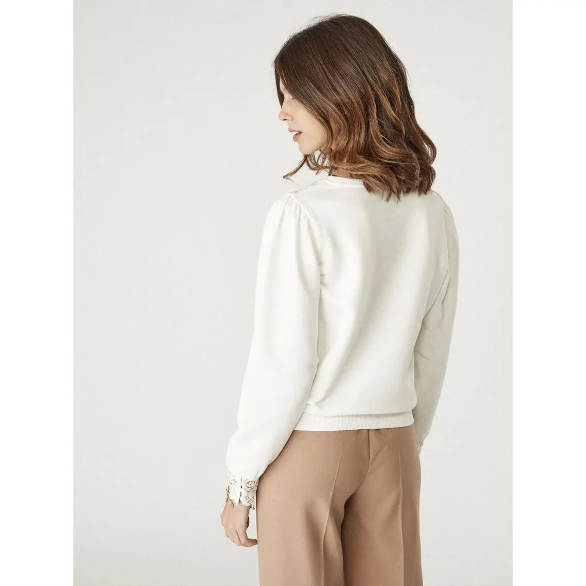 Sweatshirt détail dentelle blanc en coton | 3 Suisses