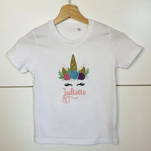 T-shirt enfant brodé & personnalisé licorne fleurie