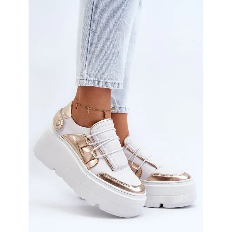 Zazoo 1833 Baskets en Cuir sur Semelle Massive pour Femme, Blanc et Doré blanche