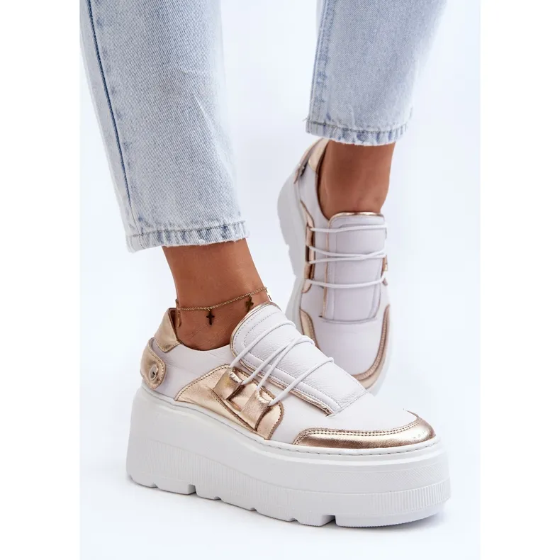 Zazoo 1833 Baskets en Cuir sur Semelle Massive pour Femme, Blanc et Doré blanche