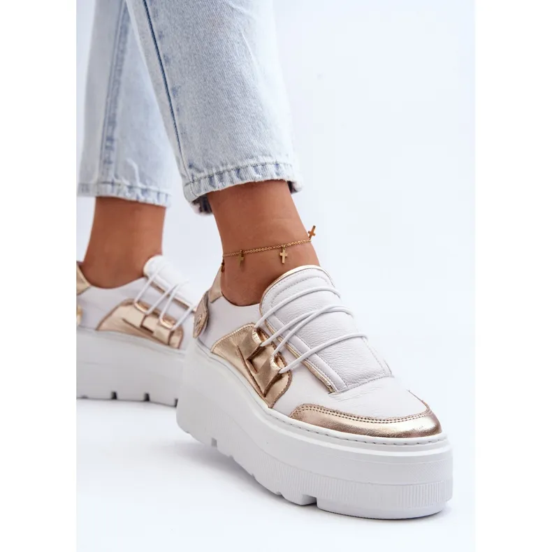 Zazoo 1833 Baskets en Cuir sur Semelle Massive pour Femme, Blanc et Doré blanche